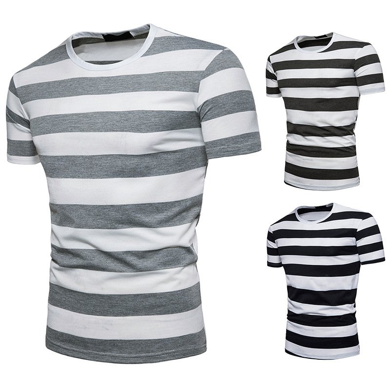 New men's European size thick striped short-sleeved T-shirt Q09